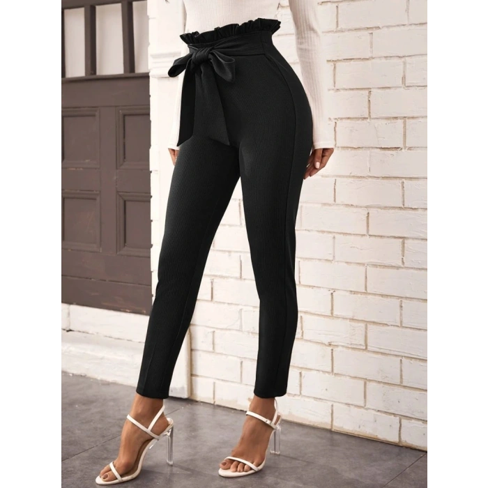 Kadın Yüksek Bel Beli Fırfırlı önden Bağlamalı Ithal Krep Pantolon