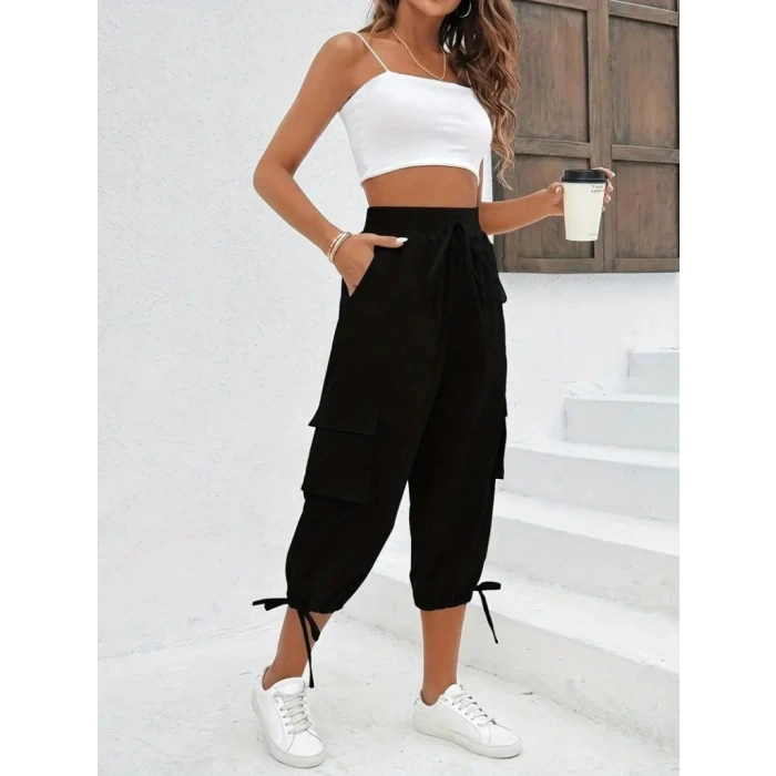Kadın Yüksek Bel Beli Lastikli Bağcıklı Cepli Kargo Viskon Iki Iplik Pantolon
