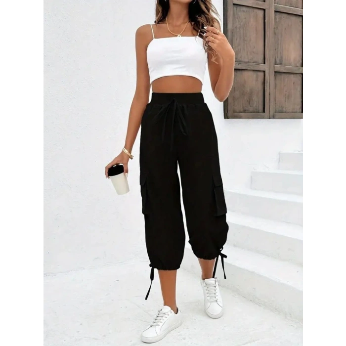Kadın Yüksek Bel Beli Lastikli Bağcıklı Cepli Kargo Viskon Iki Iplik Pantolon