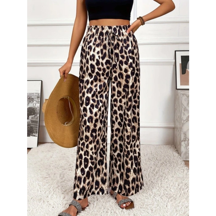 Kadın Yüksek Bel Beli Lastikli Bağcıklı Leopar Desenli Süprem Pantolon