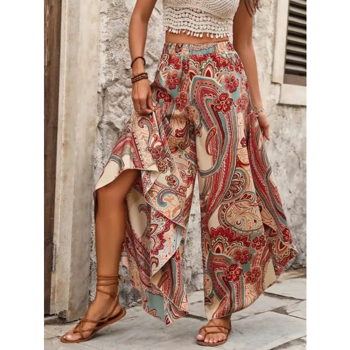 Kadın Yüksek Bel Beli Lastikli Desenli Geniş Paçalı Süprem Pantolon