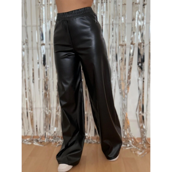 Kadın Yüksek Bel Beli Lastikli Geniş Paçalı Deri Pantolon