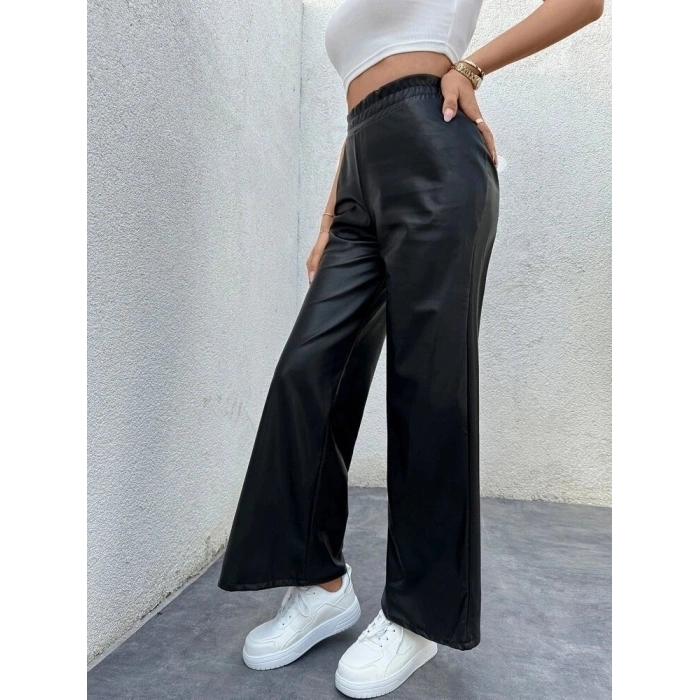 Kadın Yüksek Bel Beli Lastikli Geniş Paçalı Deri Pantolon