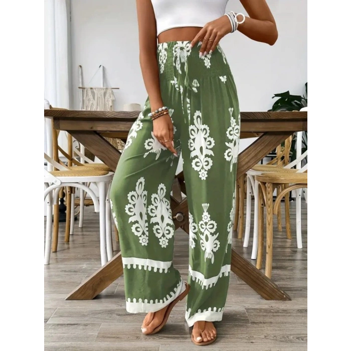 Kadın Yüksek Bel Büzgülü Etnik Desen Baskılı Süprem Pantolon