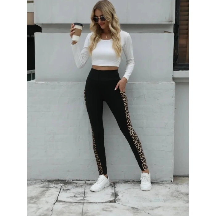 Kadın Yüksek Bel Cep Detaylı Leopar Desenli Dalgıç Tayt