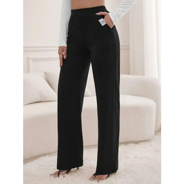 Kadın Yüksek Bel Cepli Geniş Kesim Ithal Krep Pantolon