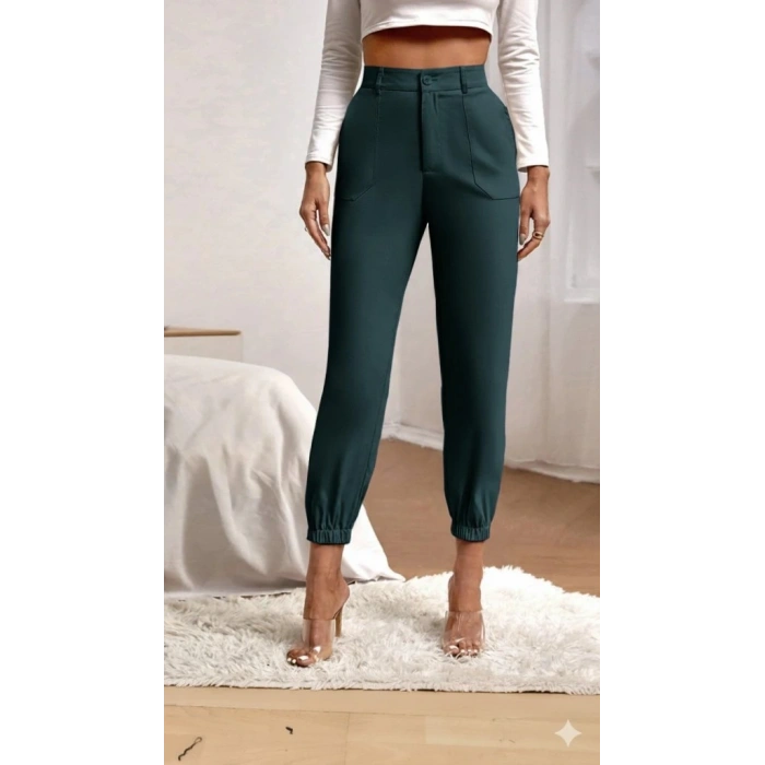 Kadın Yüksek Bel Cepli Paçası Lastikli Ithal Krep Pantolon