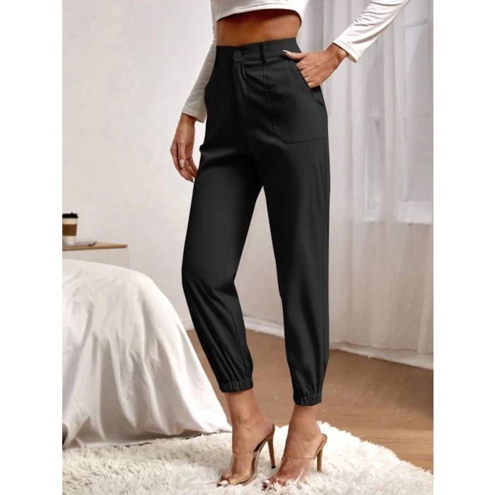 Kadın Yüksek Bel Cepli Paçası Lastikli Ithal Krep Pantolon