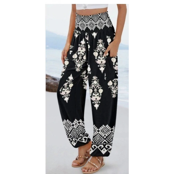 Kadın Yüksek Bel Desenli Lastikli Süprem Pantolon