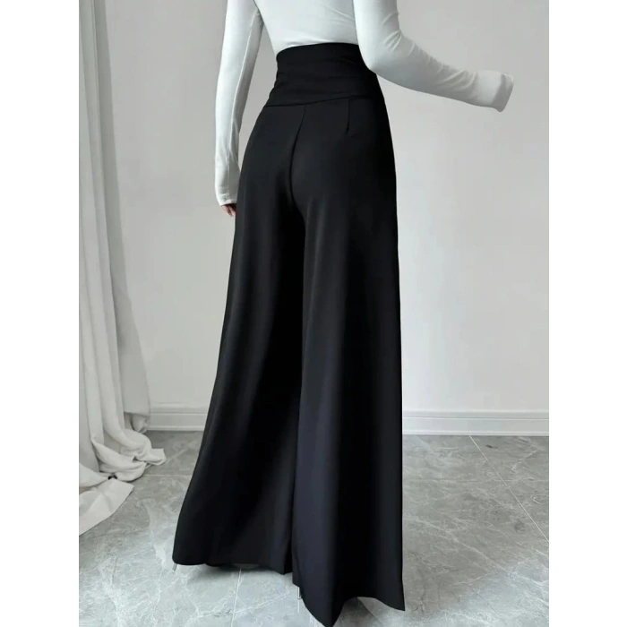 Kadın Yüksek Bel Düğmeli Geniş Paçalı Ithal Krep Pantolon