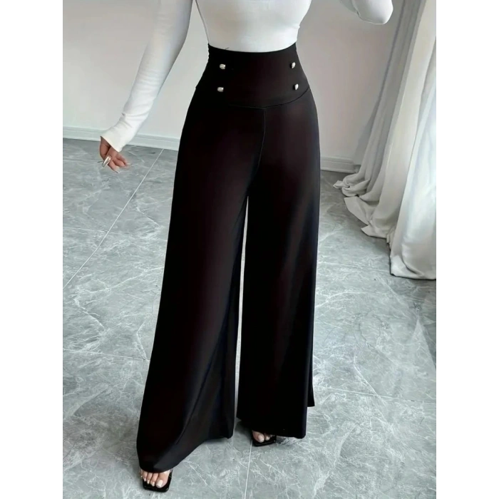 Kadın Yüksek Bel Düğmeli Geniş Paçalı Ithal Krep Pantolon