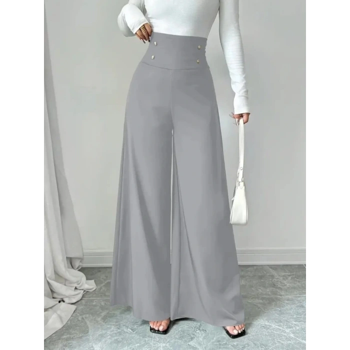 Kadın Yüksek Bel Düğmeli Geniş Paçalı Ithal Krep Pantolon