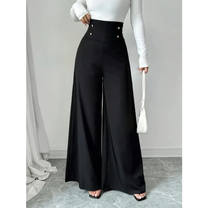 Kadın Yüksek Bel Düğmeli Geniş Paçalı Ithal Krep Pantolon