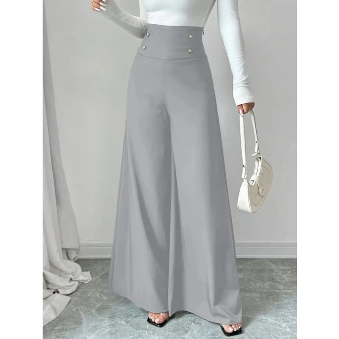 Kadın Yüksek Bel Düğmeli Geniş Paçalı Ithal Krep Pantolon