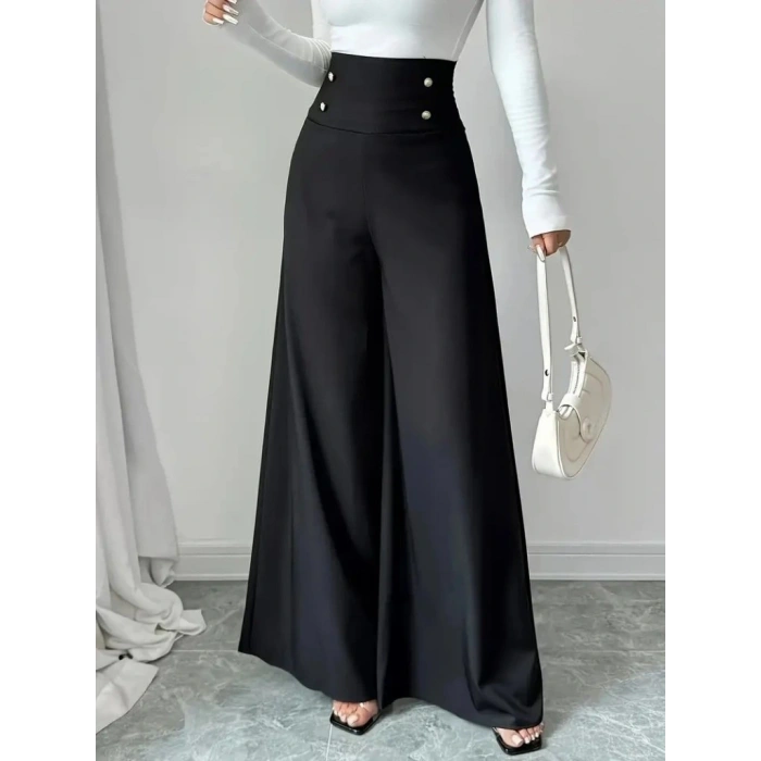 Kadın Yüksek Bel Düğmeli Geniş Paçalı Ithal Krep Pantolon