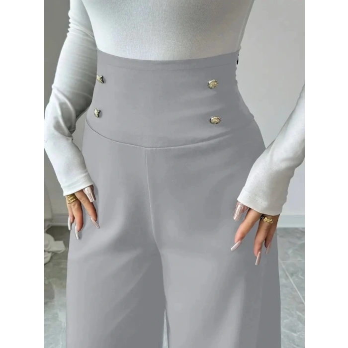 Kadın Yüksek Bel Düğmeli Geniş Paçalı Ithal Krep Pantolon