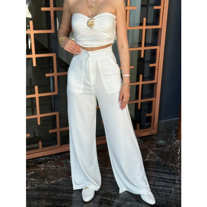 Kadın Yüksek Bel Geniş Paça Detaylı Cepli Ithal Krep Pantolon