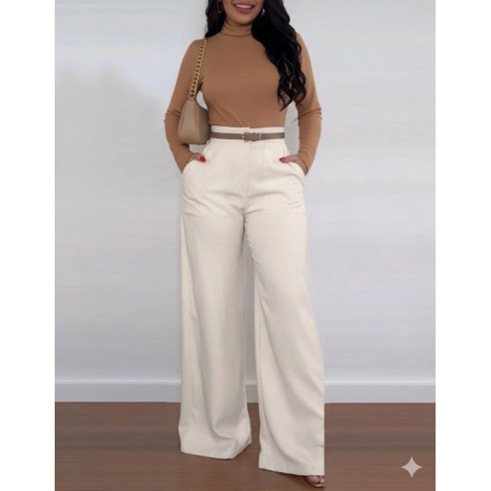 Kadın Yüksek Bel Geniş Paça Detaylı Cepli Ithal Krep Pantolon