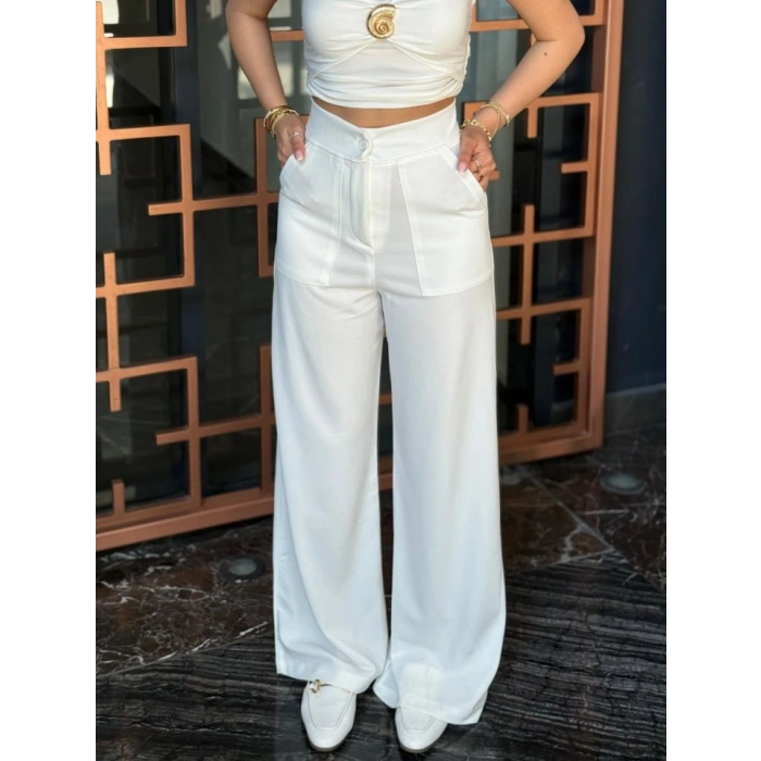 Kadın Yüksek Bel Geniş Paça Detaylı Cepli Ithal Krep Pantolon