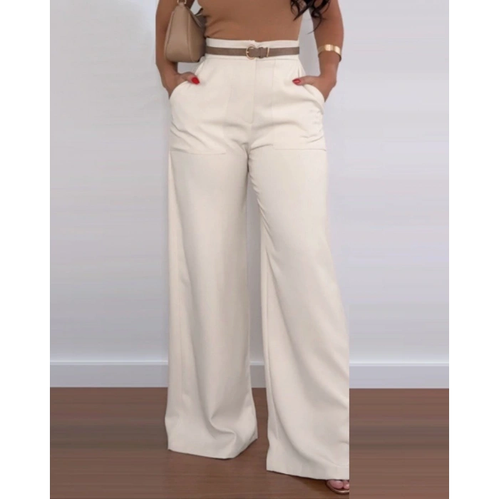 Kadın Yüksek Bel Geniş Paça Detaylı Cepli Ithal Krep Pantolon