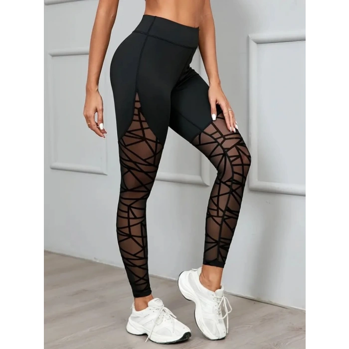 Kadın Yüksek Bel Geometrik Desen File Detaylı Dalgıç Tayt