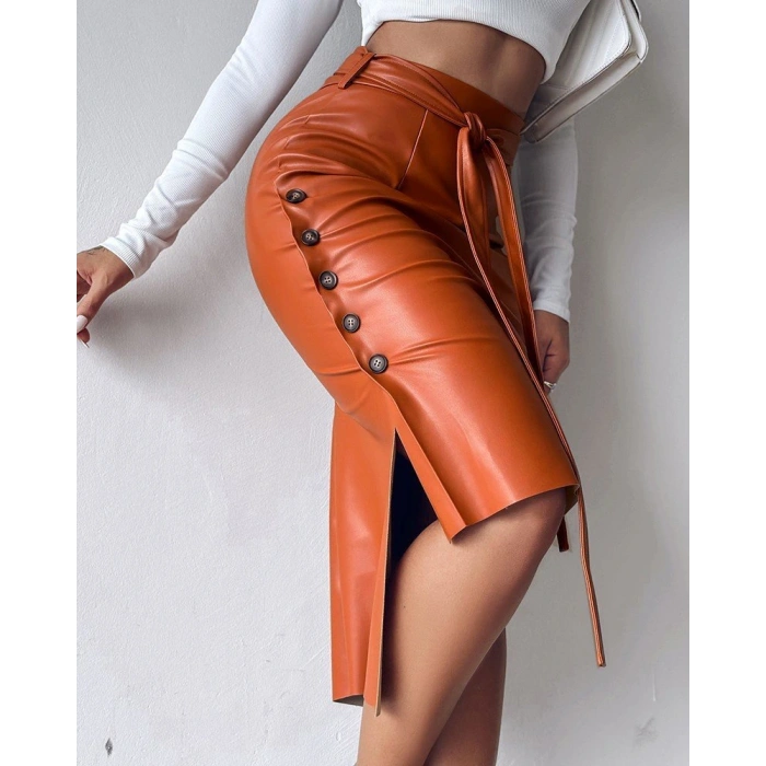 Kadın Yüksek Bel Kuşaklı Yanlardan Düğmeli Mini Deri Etek