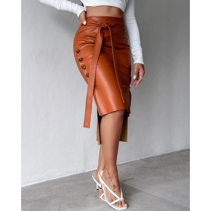 Kadın Yüksek Bel Kuşaklı Yanlardan Düğmeli Mini Deri Etek