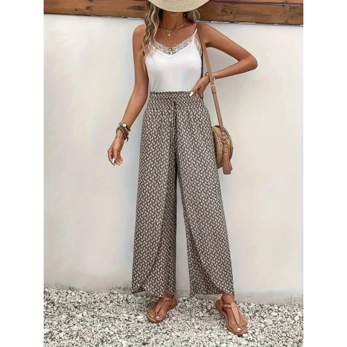 Kadın Yüksek Bel Lastikli önden Iki Parçalı Desenli Bürümcük Pantolon