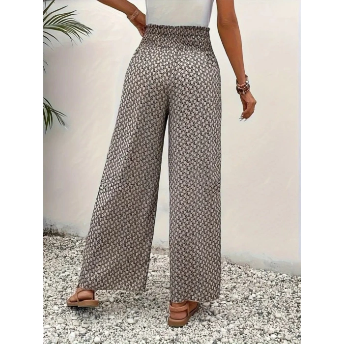 Kadın Yüksek Bel Lastikli önden Iki Parçalı Desenli Bürümcük Pantolon
