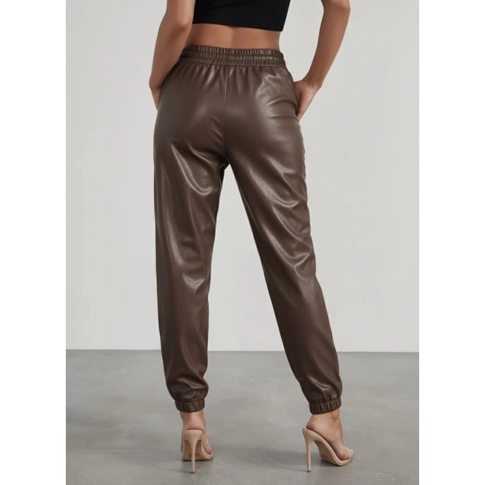 Kadın Yüksek Bel Lastikli önü Düğmeli Deri Pantolon