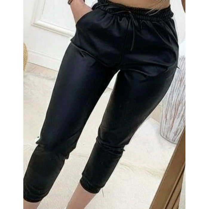 Kadın Yüksek Bel Lastikli Yan şerit Detaylı Deri Pantolon