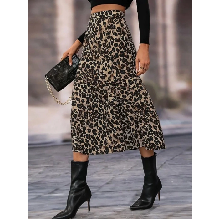 Kadın Yüksek Bel Leopar Desenli Midi Krep Etek