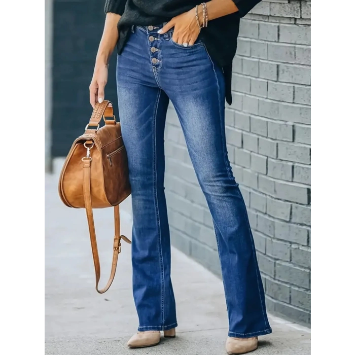 Kadın Yüksek Bel önden Düğmeli Cep Detay Ispanyol Paça Denim Pantolon