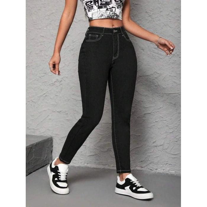 Kadın Yüksek Bel önden Düğmeli Dar Kesim Kot Pantolon