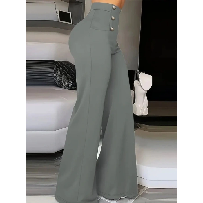 Kadın Yüksek Bel önden Düğmeli Uzun Paçaya Doğru Geniş Ithal Krep Pantolon