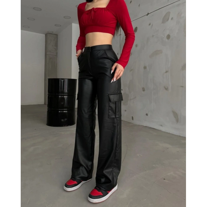 Kadın Yüksek Bel önden Fermuarlı Yandan Cep Detaylı Deri Kargo Pantolon