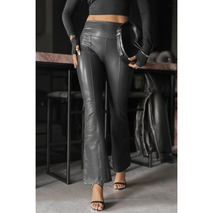 Kadın Yüksek Bel Paçaya Doğru Geniş Deri Pantolon