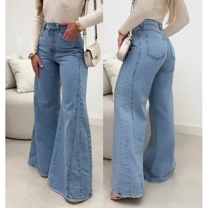 Kadın Yüksek Bel Paçaya Doğru Geniş Kesimli Kot Pantolon