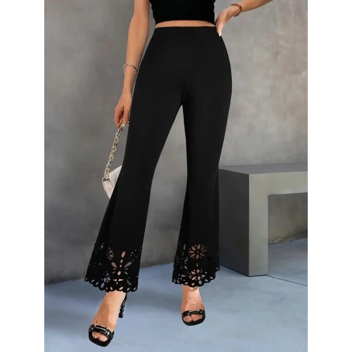 Kadın Yüksek Bel Paçaya Doğru Genişleyen Lazer çiçek Kesim Detaylı Ithal Krep Pantolon