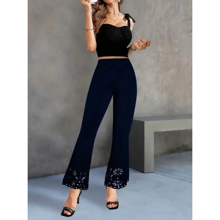 Kadın Yüksek Bel Paçaya Doğru Genişleyen Lazer çiçek Kesim Detaylı Ithal Krep Pantolon