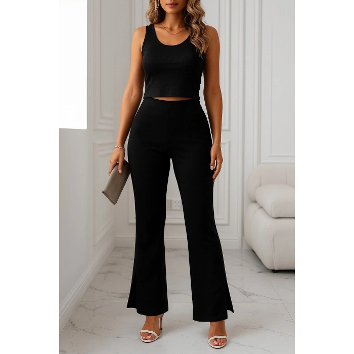 Kadın Yüksek Bel Paçaya Doğru Genişleyen Yandan Yırtmaçlı Dalgıç Pantolon