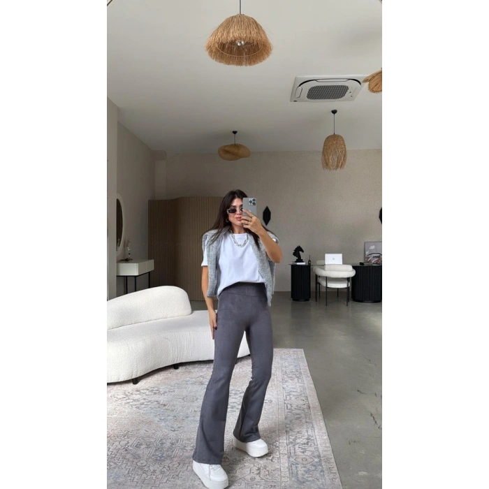 Kadın Yüksek Bel üet Kumaş Ispanyol Paça Detay Pantolon