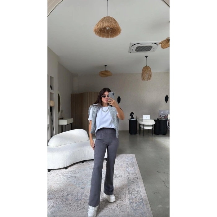 Kadın Yüksek Bel üet Kumaş Ispanyol Paça Detay Pantolon