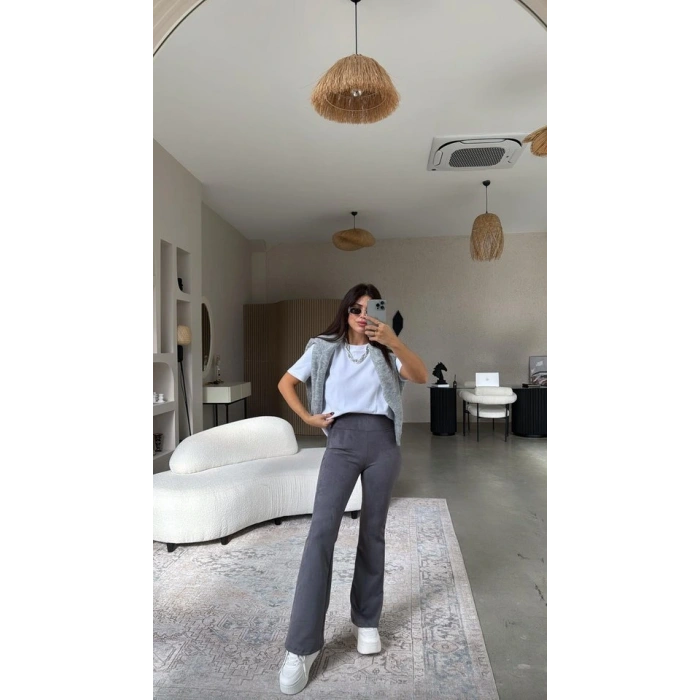 Kadın Yüksek Bel üet Kumaş Ispanyol Paça Detay Pantolon