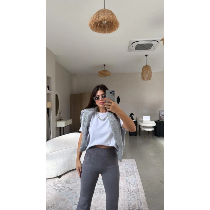 Kadın Yüksek Bel üet Kumaş Ispanyol Paça Detay Pantolon