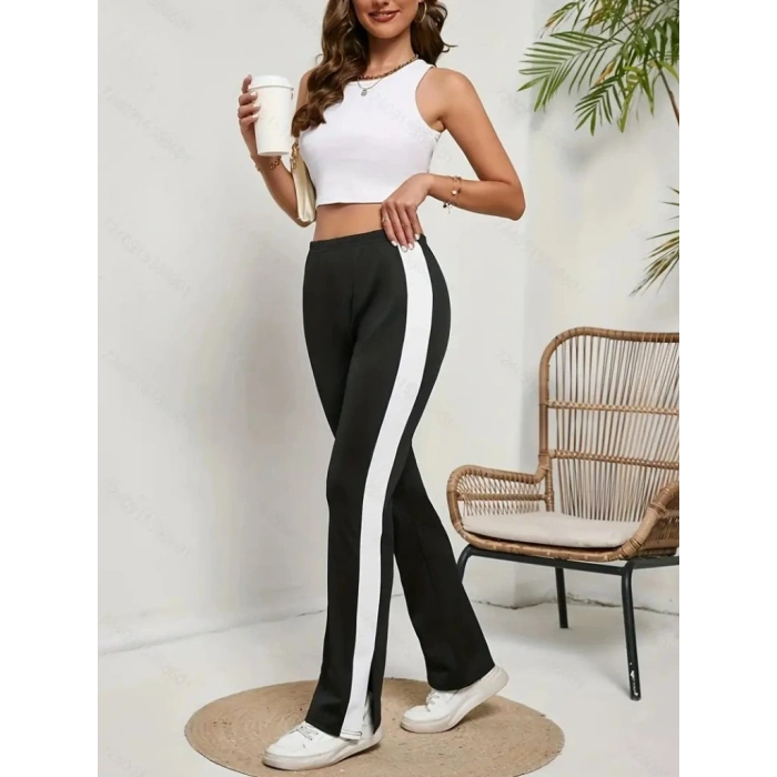 Kadın Yüksek Bel Yan şerit Detaylı Yırtmaçlı Viskon Iki Iplik Pantolon