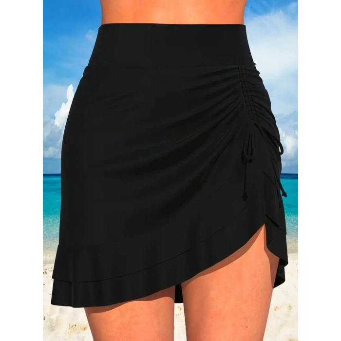 Kadın Yüksek Bel Yandan Büzgülü Fırfırlı Kısa Sandy Etek