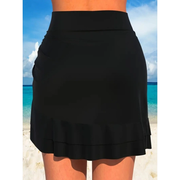 Kadın Yüksek Bel Yandan Büzgülü Fırfırlı Kısa Sandy Etek