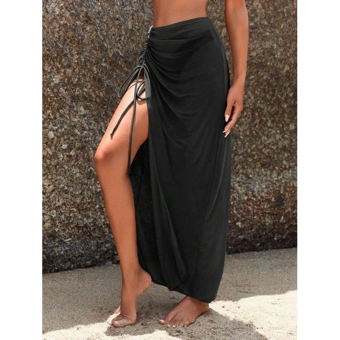 Kadın Yüksek Bel Yandan Büzgülü Uzun Tül Detaylı Pareo