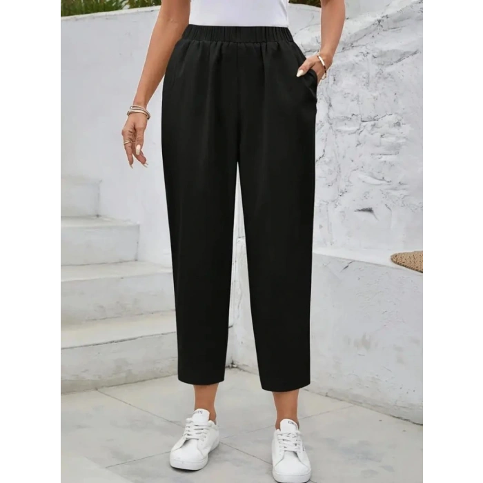 Kadın Yüksek Bel Yandan Cepli Düğme Detaylı Geniş Kesim Ithal Krep Pantolon